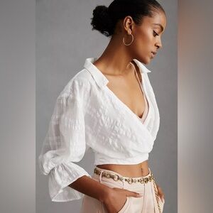 Anthropologie White Banded Surplice V-Neck Ruffled Blouse